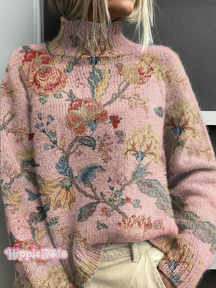 Floral Art Print Knitted Turtleneck Pullover Sweater Multicolor / S