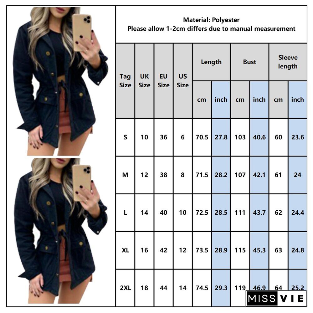 Sale Women Button Coat Office Lady Fall Jacket Slim Pocket Elegant Outwear Vintage Jacket Drawstring Streetwear Winter Coats Q30