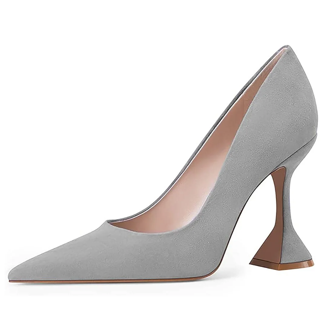YDN Grey Vegan Suede Pointed Toe Flared Heel Pumps for Women