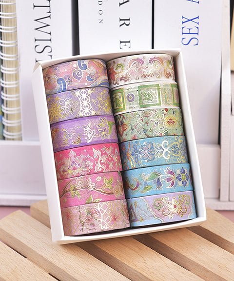 12 Rolls Colorful Classical Flower Gilded Washi Tape Set