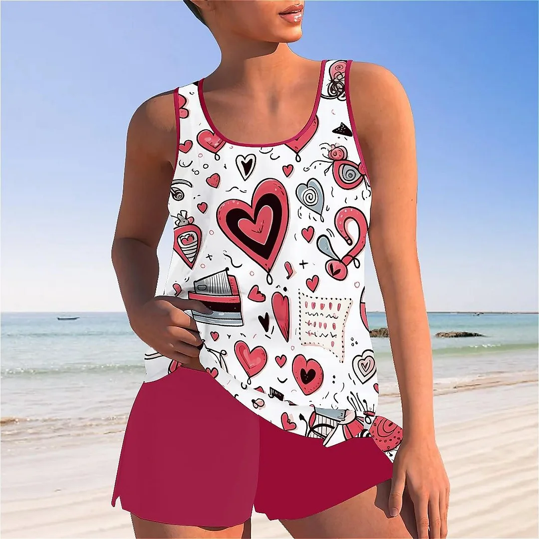 Bowknot Heart,Love,Valentine's Day Mid Waisted Tankini Set - Plus Size Available