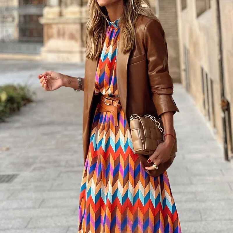 Elegant Half High Neck 3/4 Sleeved Long Dress Retro Pattern Print Loose Women Dress Spring Fall New Fashion Party Dress Vestidos