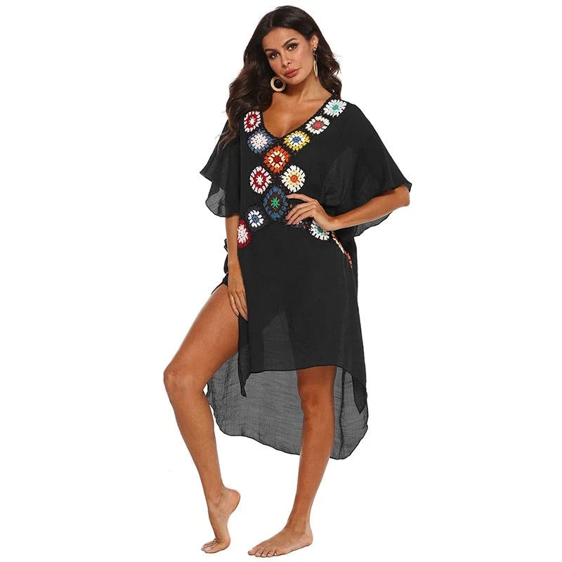Fitshinling Handmade Crochet Summer Beach Dress Women's Swimwear 2021 Transparent Sexy Oversized Robe Irregular Bohemian Pareo