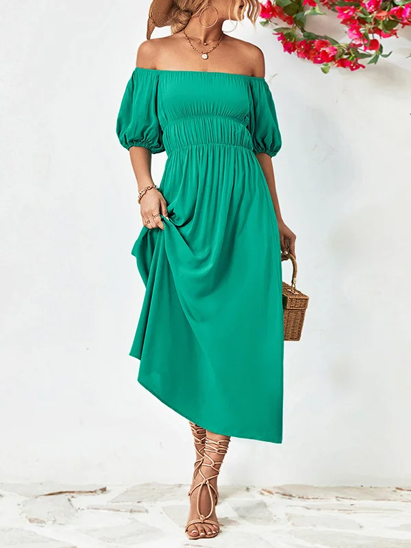 Solid Color Short Sleeves Loose Off-The-Shoulder Midi Dresses
