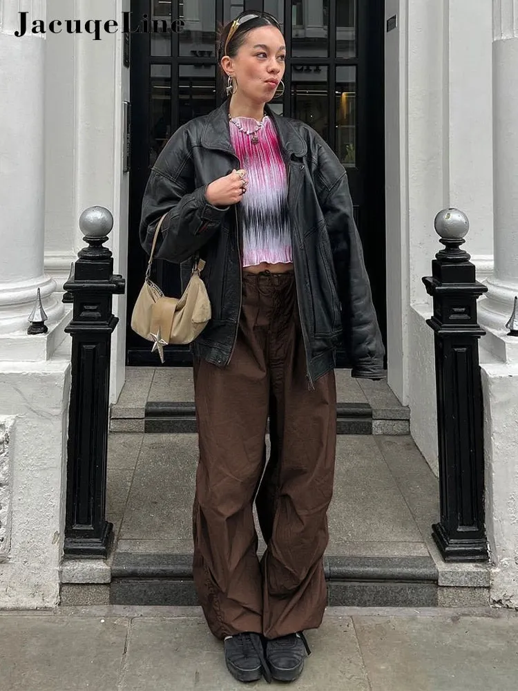Jacqueline 2022 Summer Retro Brown Cargo Pants Women Drawstring Casual Loose Trousers Hippie Wide Leg Pants Jogger y2k clothes