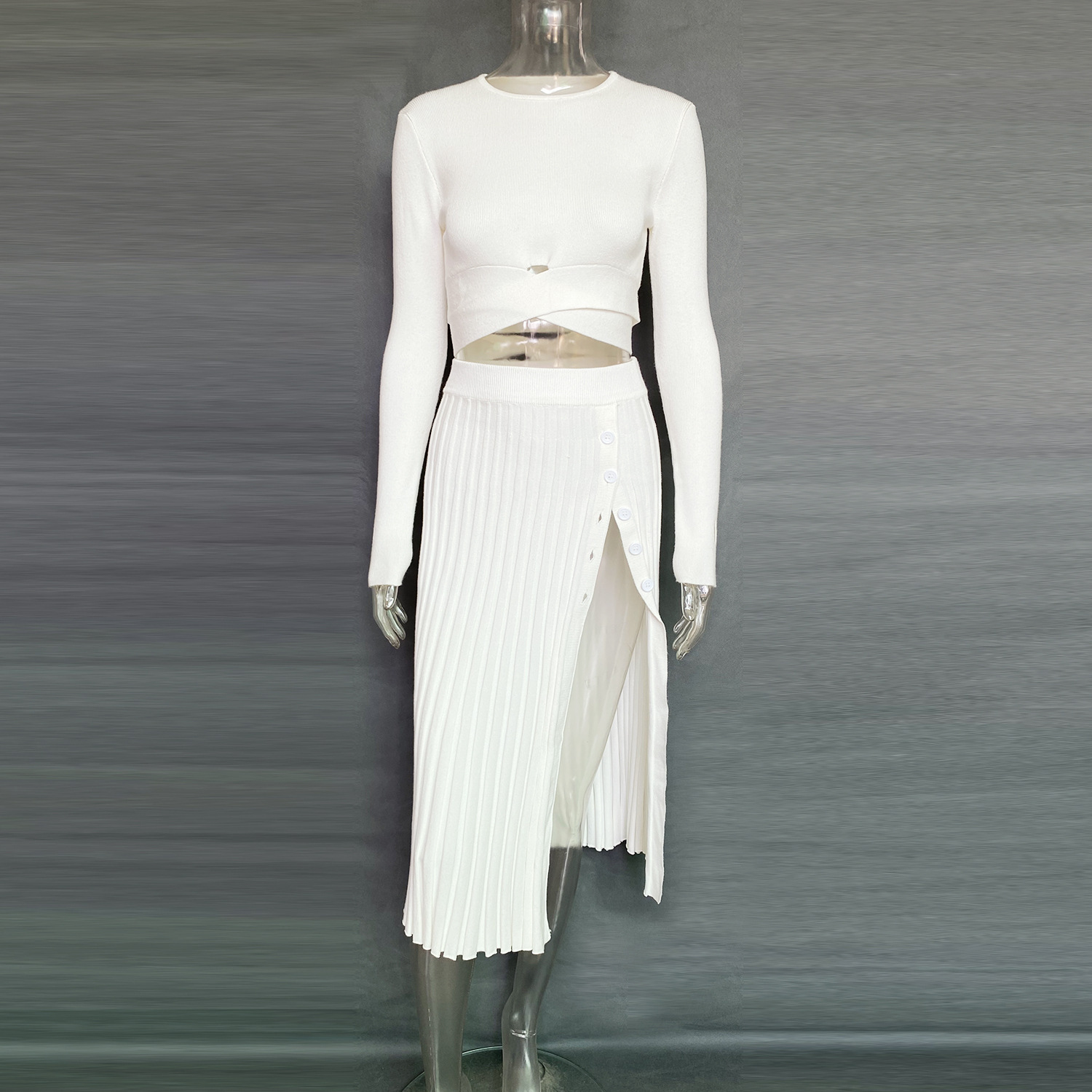 Ootddress New White Knit Two Piece Women Sets Fall Ribbed Crop Top And Pleated Knitted Skirt Suits For Women Midi Dress Sets 2025