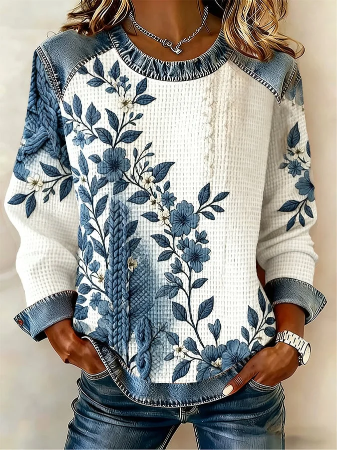 Women's Winter Dark Blue Floral Print Denim Patchwork Crew Neck Top 