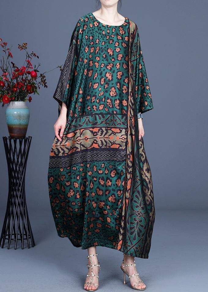 Loose Green Leopard Long sleeve Chiffon Holiday Dress Summer
