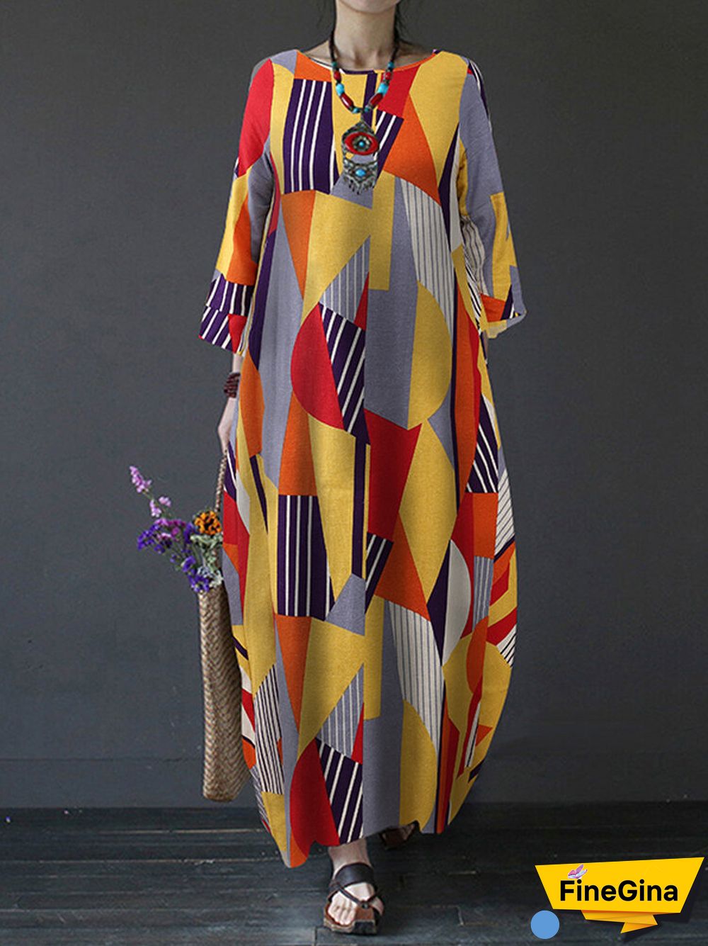 Contrast Color Geometric Print Long Sleeve Vintage Dress for Women
