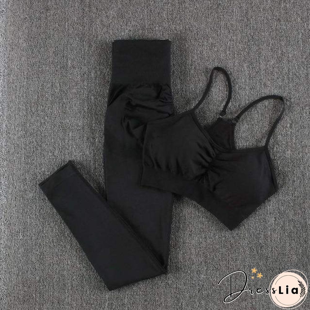 Solid Seamless Gym Two Piece Set Women High Stretchy Tracksuit Women Sports High Waist Leggings Workout Pants Sets Women