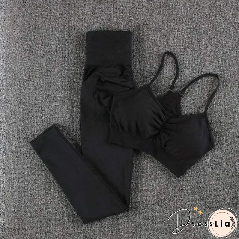 Solid Seamless Gym Two Piece Set Women High Stretchy Tracksuit Women Sports High Waist Leggings Workout Pants Sets Women