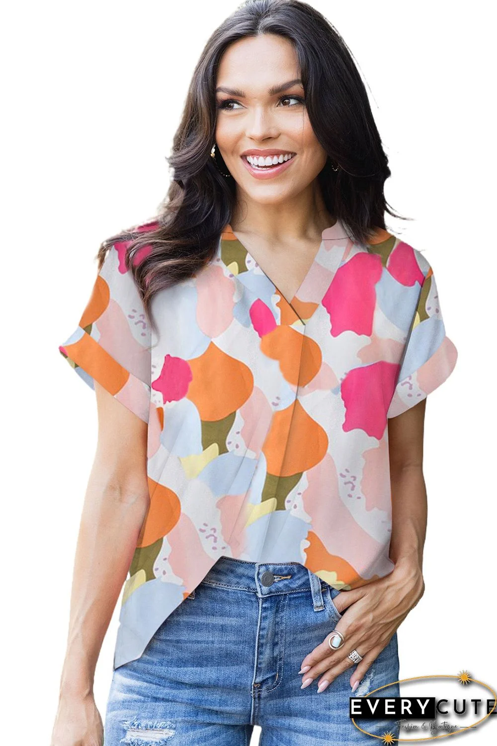 Multicolor Boho Floral Print V Neck Short Sleeves Top