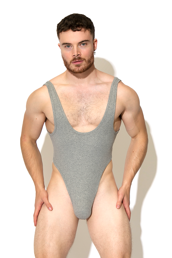 Men's High Waist Ribbed Cotton Bodysuit - Grey