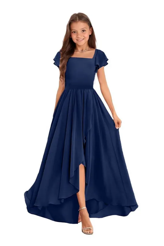 navy blue chiffon junior bridesmaid dresses Dark Navy Junior Bridesmaid Dresses,Chiffon Tea Length Junior Bridesmaid Dress,JB00037, J16 / Coral