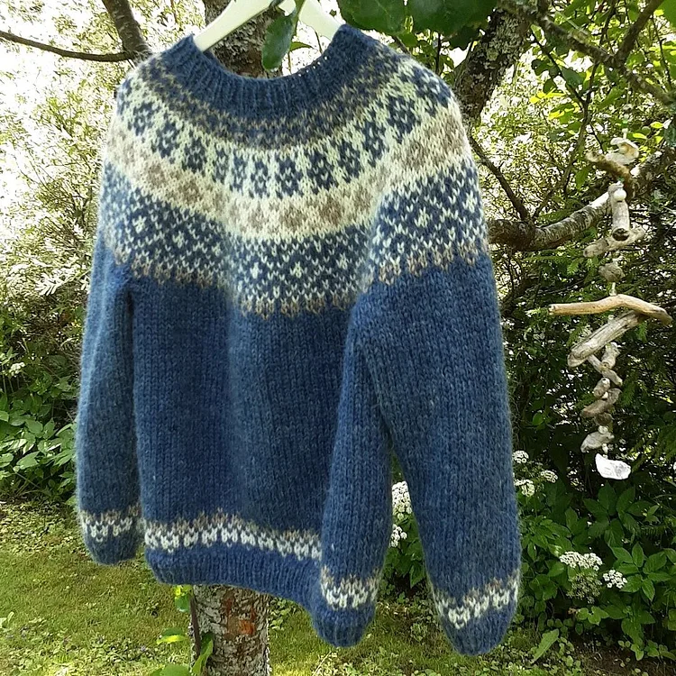 Comstylish Vintage Knitted Jacquard Blue Iceland Crew Neck Sweater