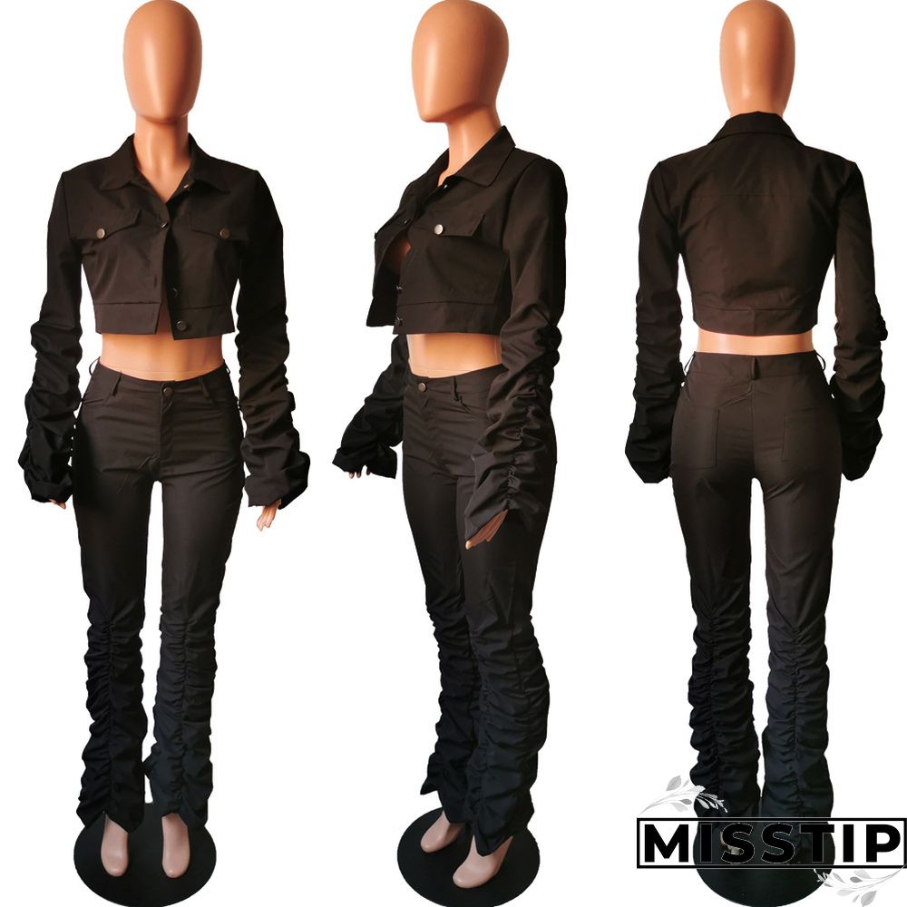 Flare Sleeve Wrinkle Short Jacket+Skinny Flare Legs Suits