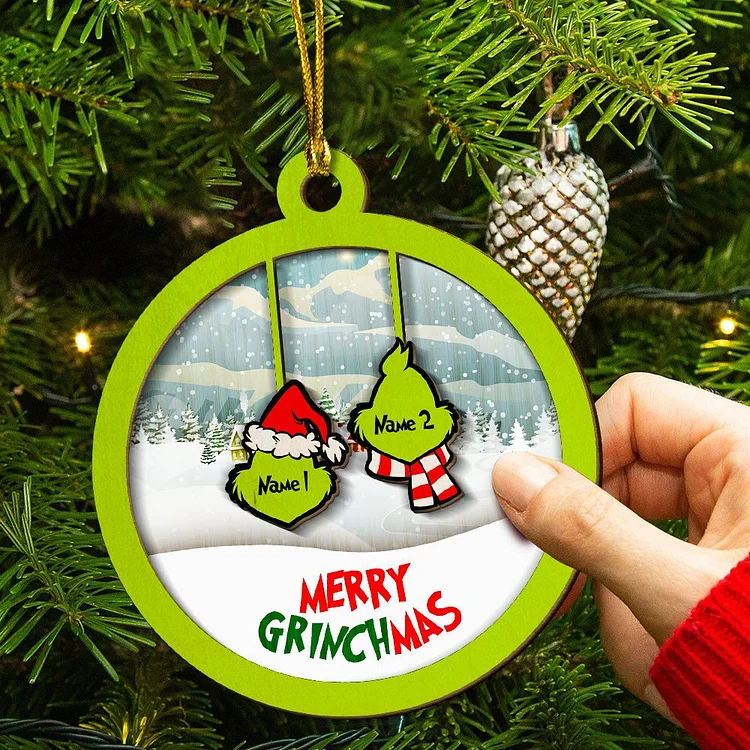Merry Grinchmas Family Ornament Custom 2 Names Wooden Ornament