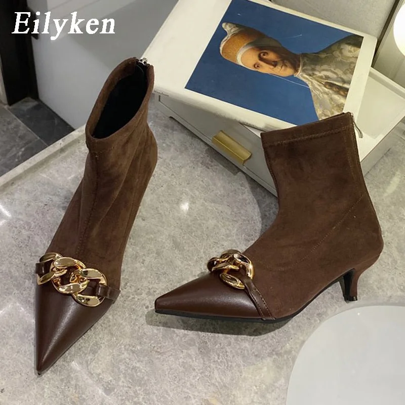 Eilyken Fashion Chain Decoration Women Ankle Boots Low Thin Heels Pointed Toe Pumps Shoes Zip Chelsea Short Bootties Black Brown