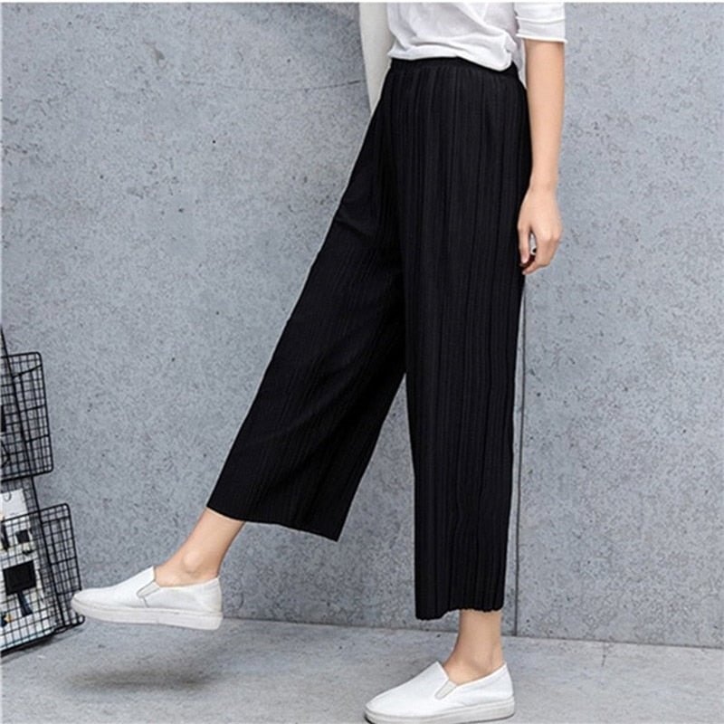 Summer Korean Women's High Waist Nine Points Wide-legged Pants Fashion Casual Women Elastic Waist Pleated Pants Hot Sale
