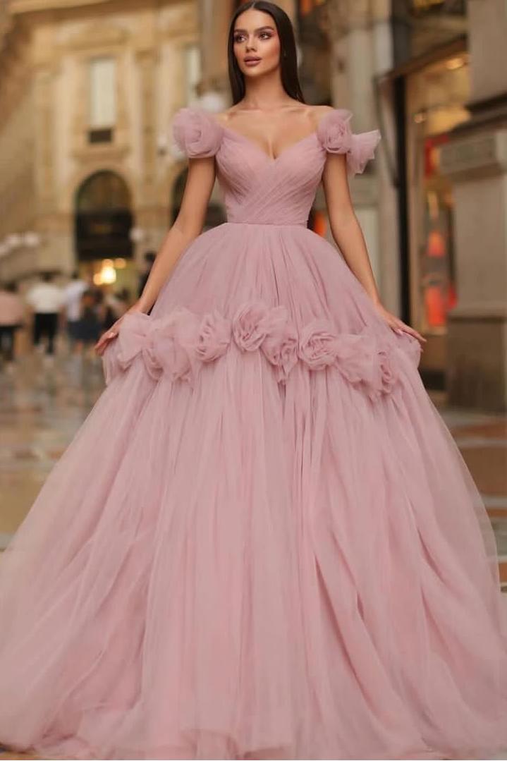 Oknass Tulle Off the Shoulder Sleeveless Long Prom Dress With Flower Appliques
