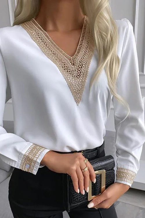 Women's Solid Shirt Lace Stitching V Neck Shirt