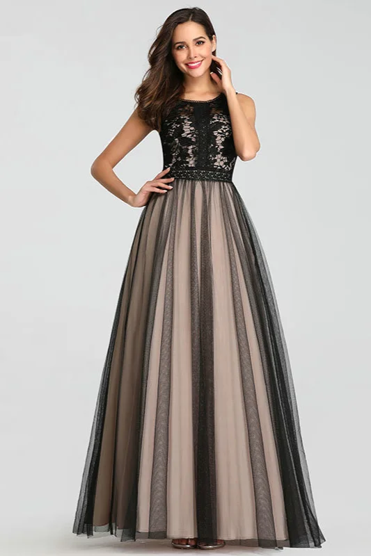 Elegant Black Lace Tulle Long Prom Dress Sleeveless