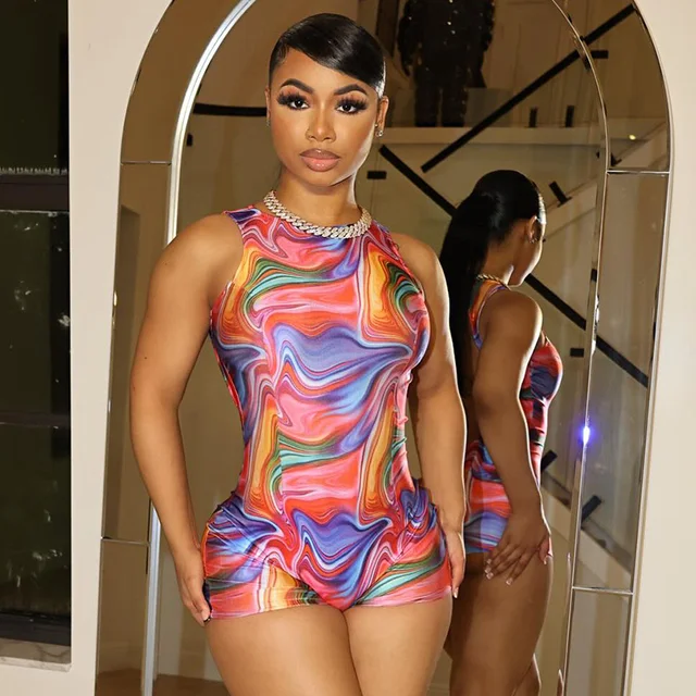 Colorful Print Romper Women Backless Sleeveless Summer Hipster Skinny Stretch Playsuit Fitness Shorts Overalls Women – Trendy and Stylish Summer Outfit