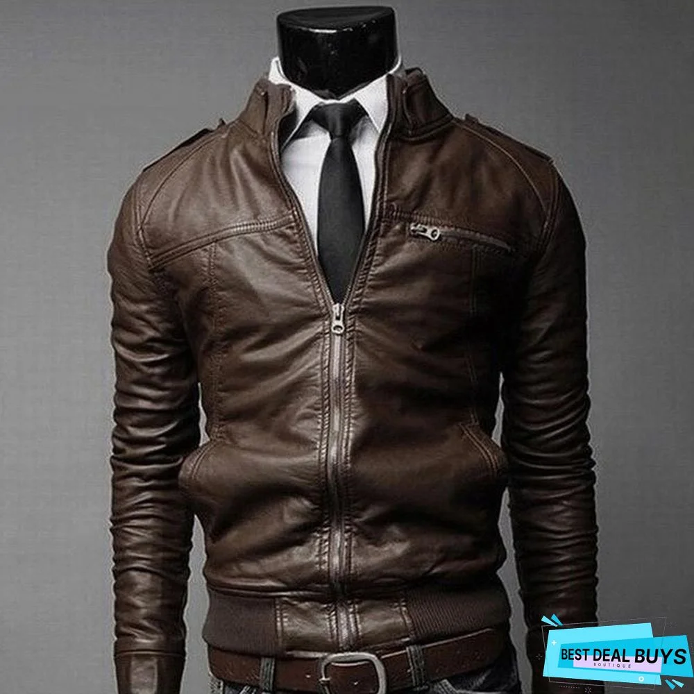 Fashion Men Vintage Motorcycle PU Leather Coats Stand Collar Long Sleeve Outwear Zipper Fitness Cool Jacket