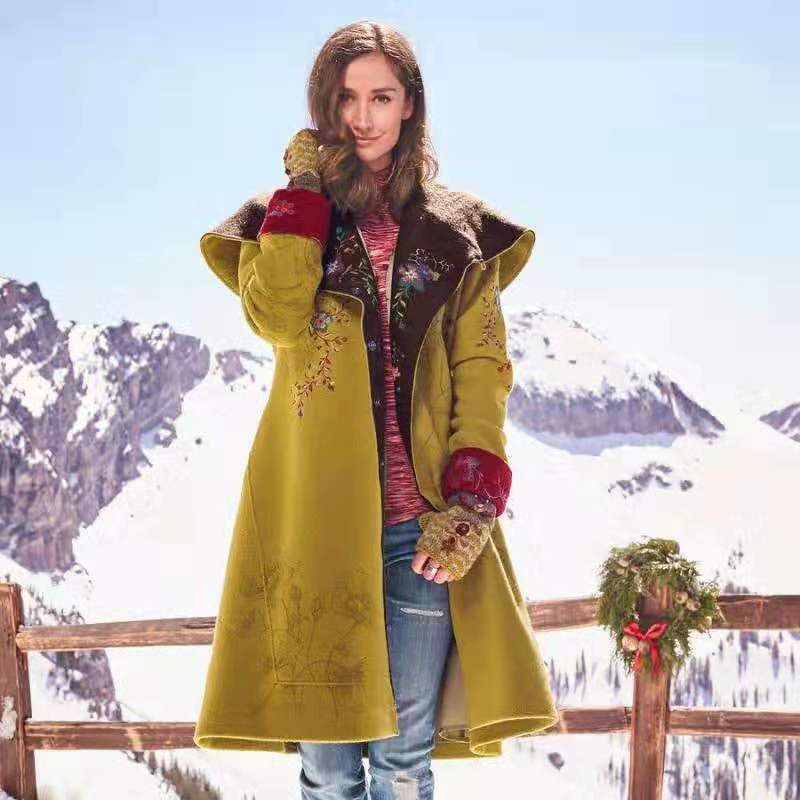 Fashion Warm Wool Vintage Print Hooded Lapel Fleece Casual Coats