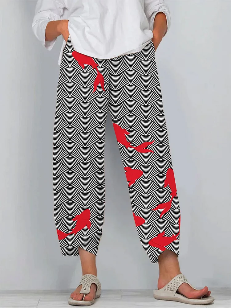 Japanese Wave Fish Print Loose Casual Pants