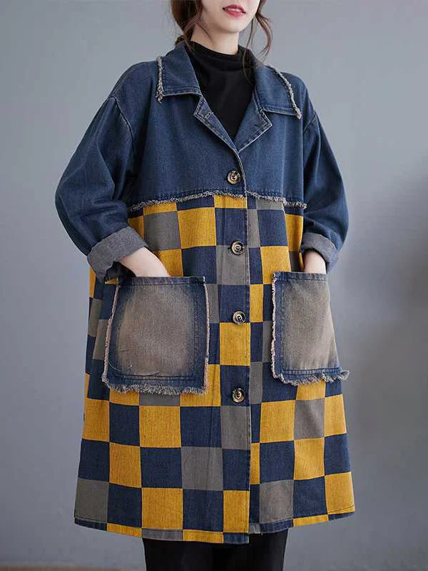 Buttoned Fringed Plaid Pockets Split-Joint Long Sleeves Roomy Notched Collar Denim Outerwear