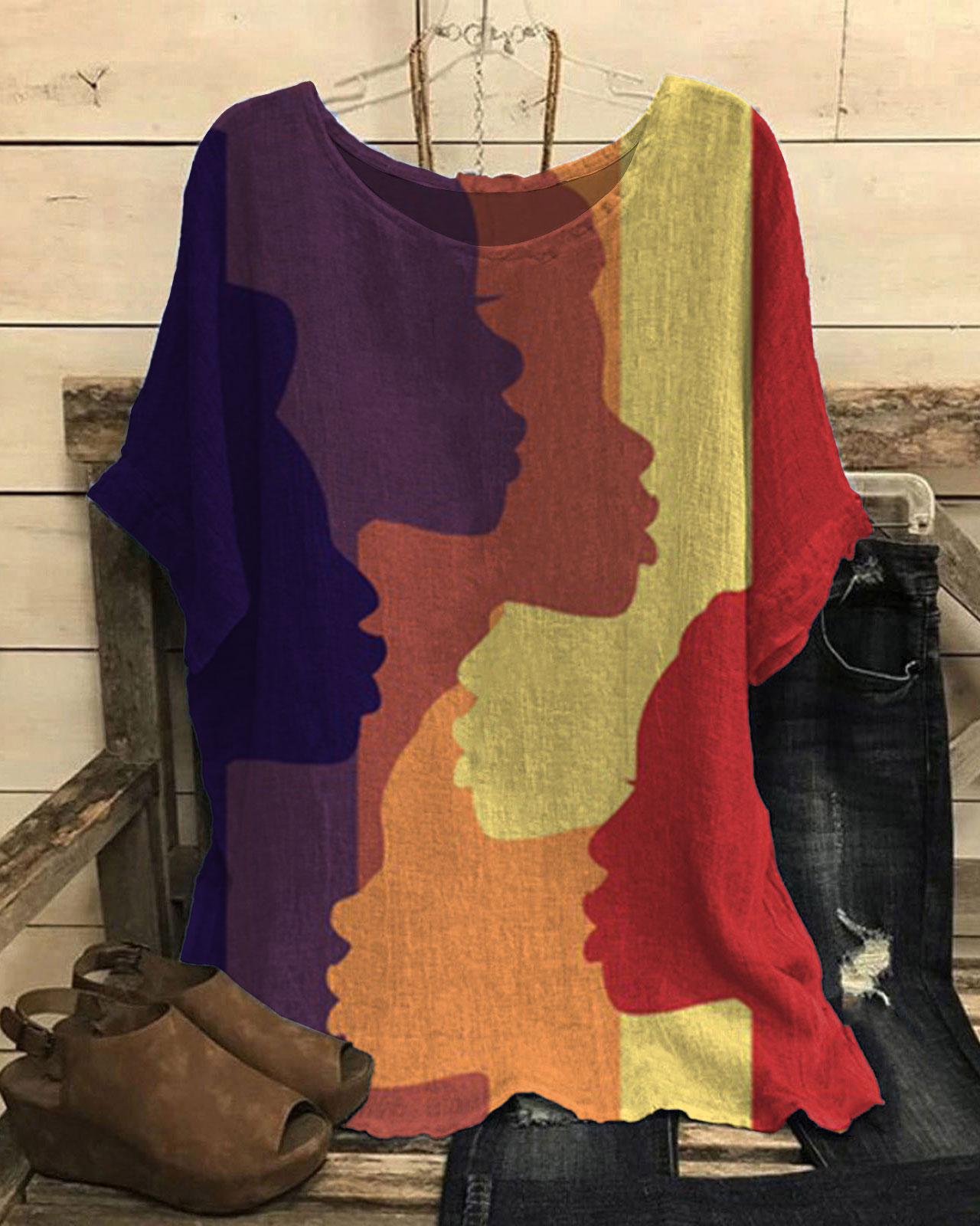 Colorblock Face Print Short Sleeve Casual Linen Blend Tunic