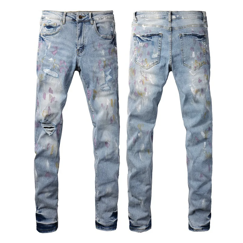 Men's Biker Jeans Colorful Graffiti Ripped Jeans Skinny Patchwork Rapper Jeans