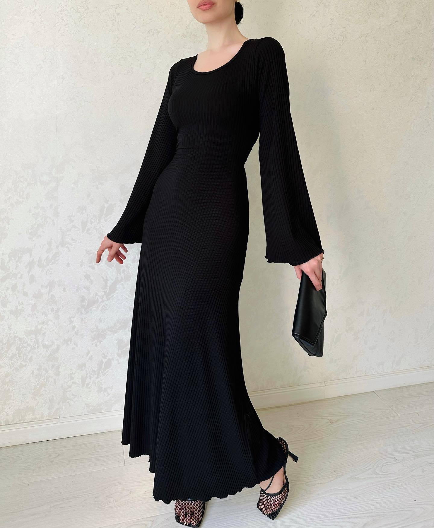 Ootddress Black Ribbed Fashion Maxi Dress For Women Loose Slim High Waist Casual Elegant Long Sleeve Party Dress Female Autumn Dress