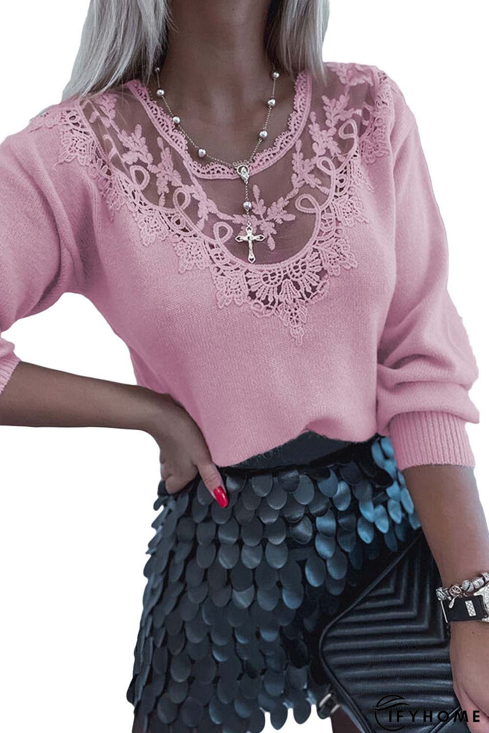 Pink Lace Splicing Knitted Sweater | IFYHOME