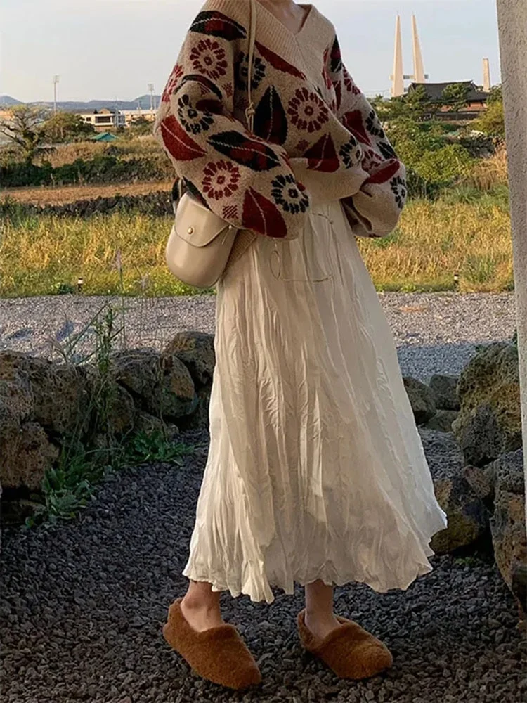 Zingj White Wrinkled Black Pleated Skirt Women 2021 New Korean Style Casual High Waisted A-Line Long Skirts Midi Falda Plisada