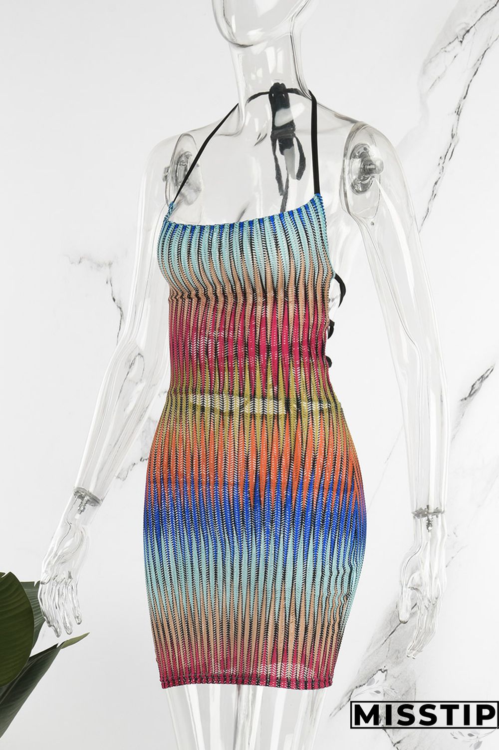 Multicolored Sexy Street Party Gradual Change Geometric Frenulum Halter One Step Skirt