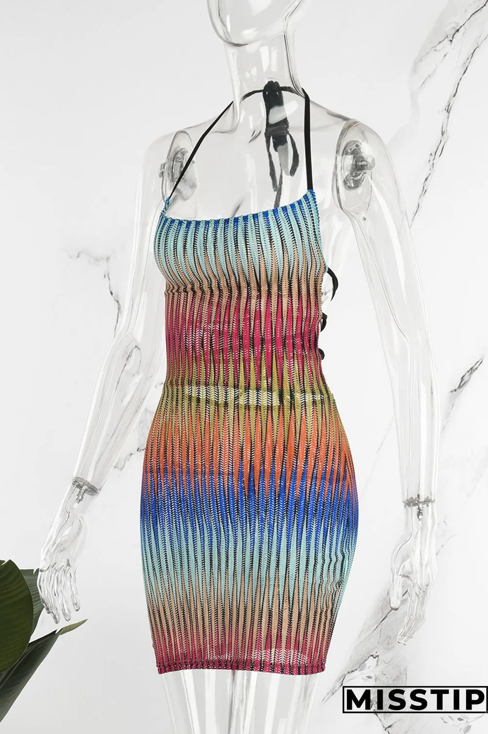 Multicolored Sexy Street Party Gradual Change Geometric Frenulum Halter One Step Skirt