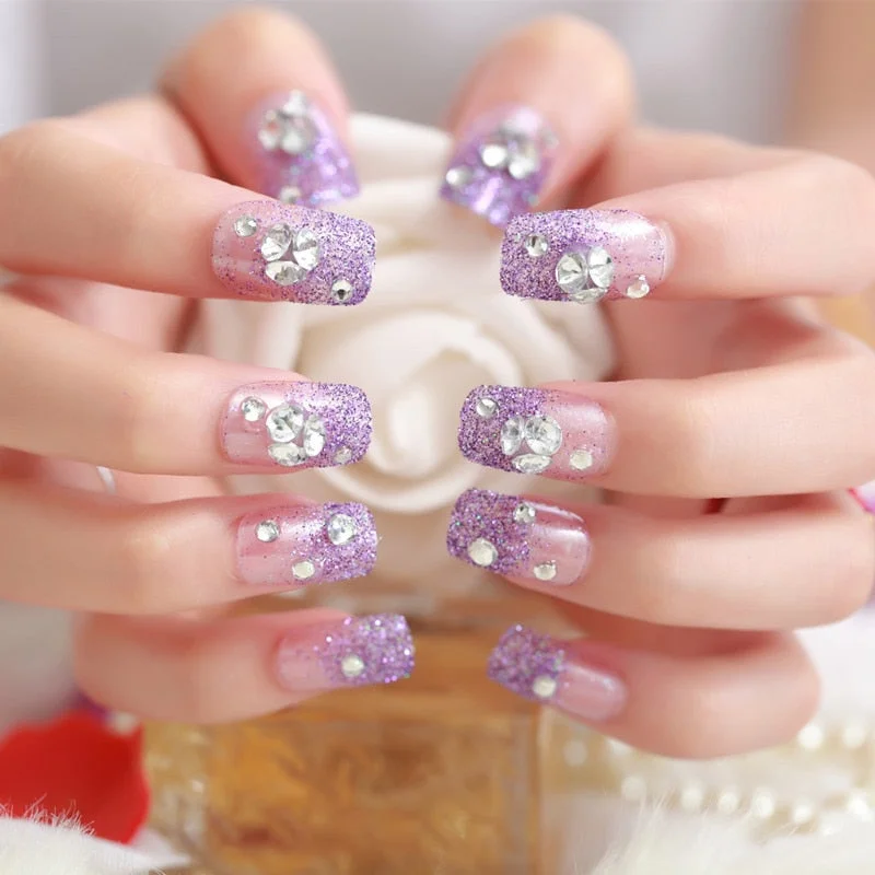 Weding accessories 24pcs/set  press on nails  Printing artificial nails Design Rose Red Blue Fake Nail With Glue Nail Tips 11.11-Nail Inspo