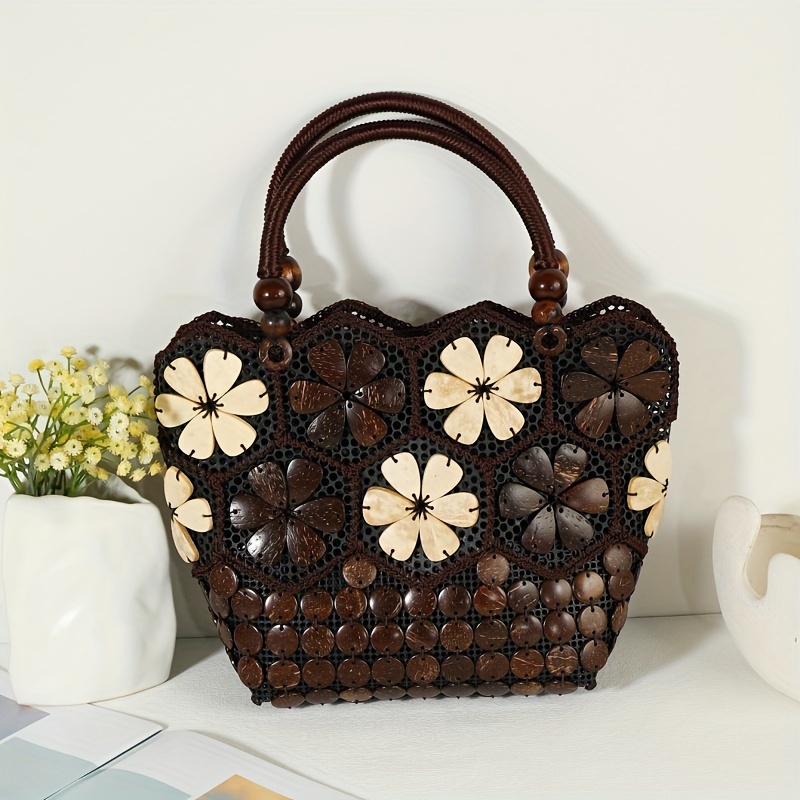Retro Coconut Shell Beaded Handbag, Ethnic Style Shoulder Bag, Bohemian Tote Bag For Women