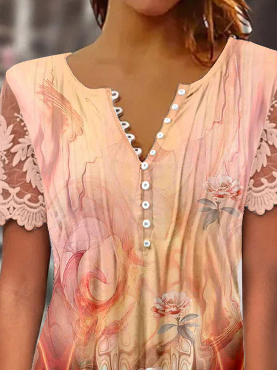 Women Short Sleeve V-neck Floral Printed Printed Graphic Lace Button Tops