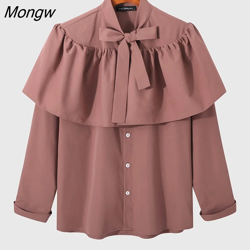 Mongw Men Shirt Solid 2023 Lapel Long Sleeve Streetwear Ruffle Loose Tie Lace Up Fashion Casual Shirts Elegant Camisas S-5XL INCERUN