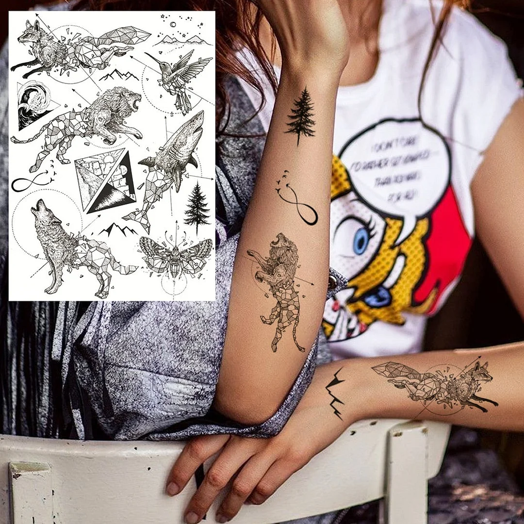 Realistic Fake Black Animal Temporary Tattoos Sticker For Men Women Geometric Wolf Outer Space Tatoo Temporary Decal For Kids
