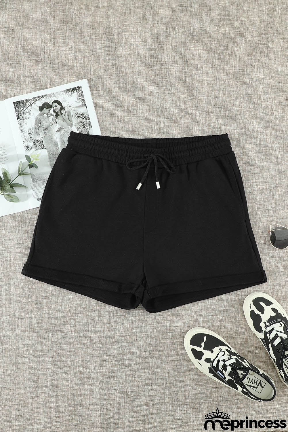 Summer Women Black Tie Waist Side Pockets Cuffed Lounge Shorts