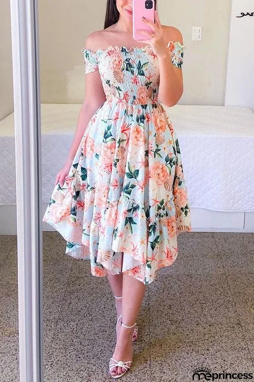 Shirred Bodice Off Shoulder Flap Asymmetric Dress