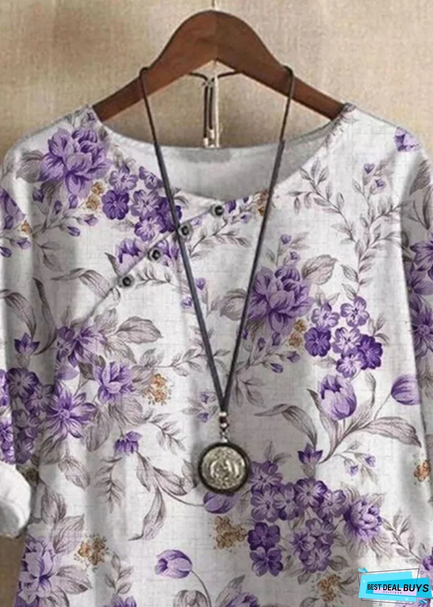 Women Purple O Neck Print Patchwork Linen T Shirts Tops Summer