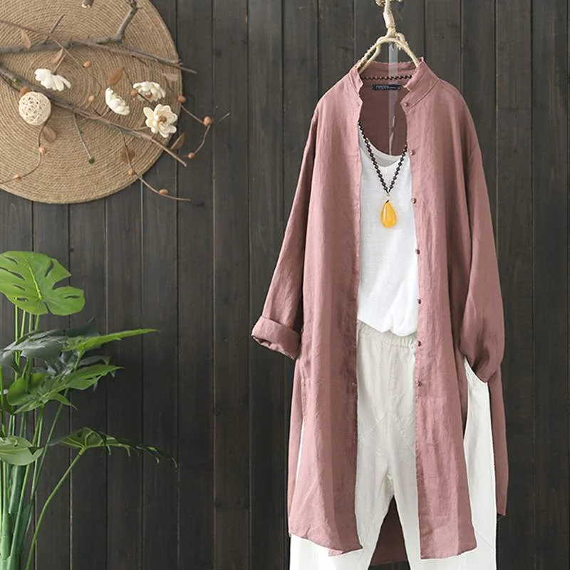 ZANZEA Vintage Women Autumn Long Sleeve Cotton Linen Blouse Buttons Down Shirt Casual Solid Tunic Tops Blusas Cardigan