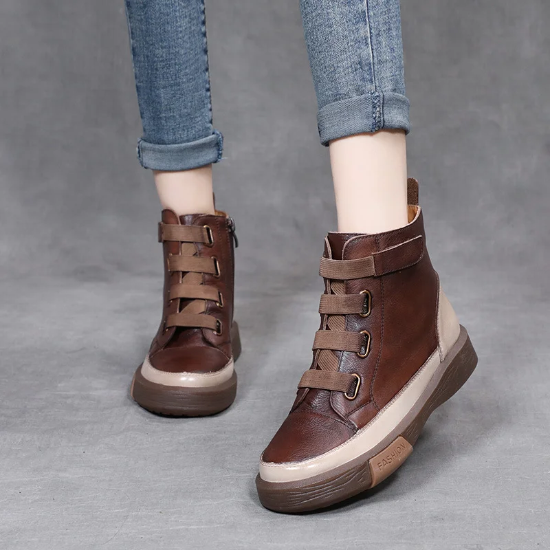 Yyvonne Leather Boots Children Winter New Soft Base Of High-Top Women's Shoes Magic Stick Martin Boots Women Retro Style