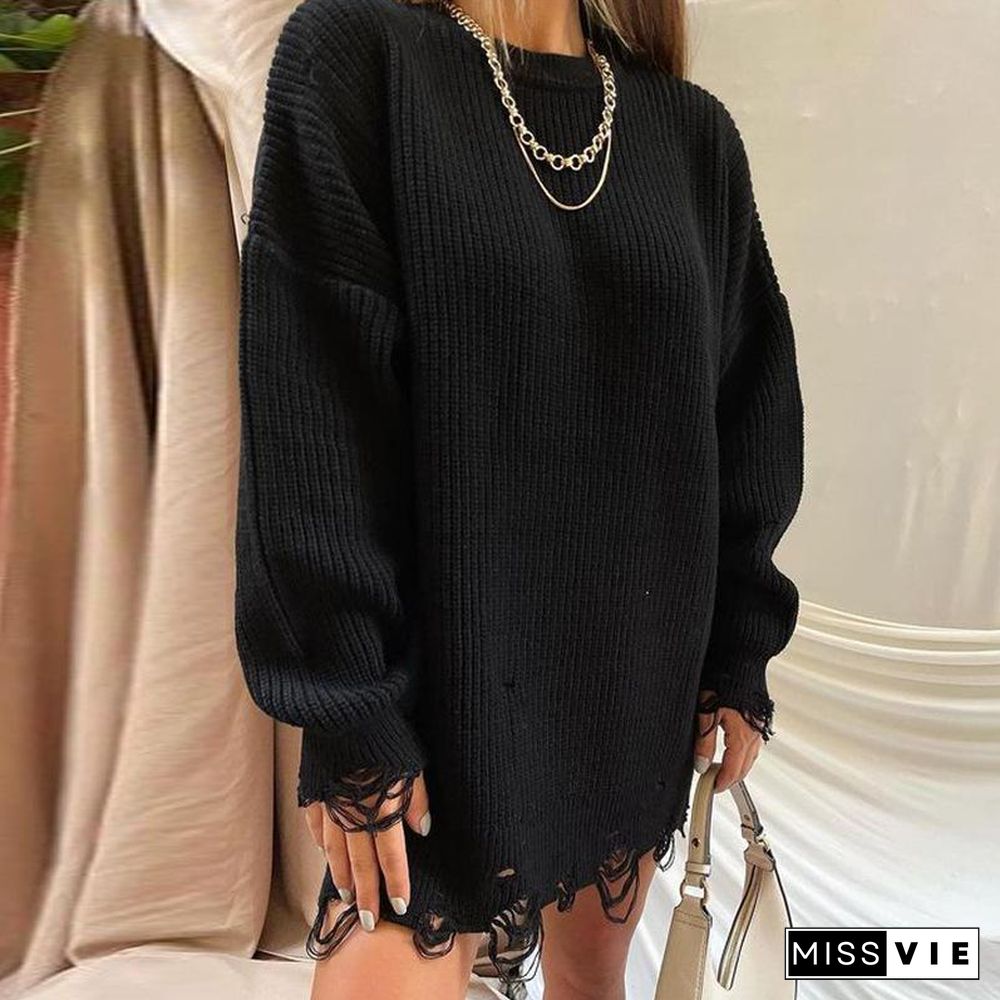 Loose Solid Color Hole Sweater Round Neck Pullover Long Sleeve Sweater