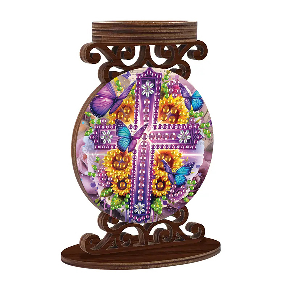 Wooden Diamond Painting Candle Holder Rhinestone Candlestick Decor (Cross A)